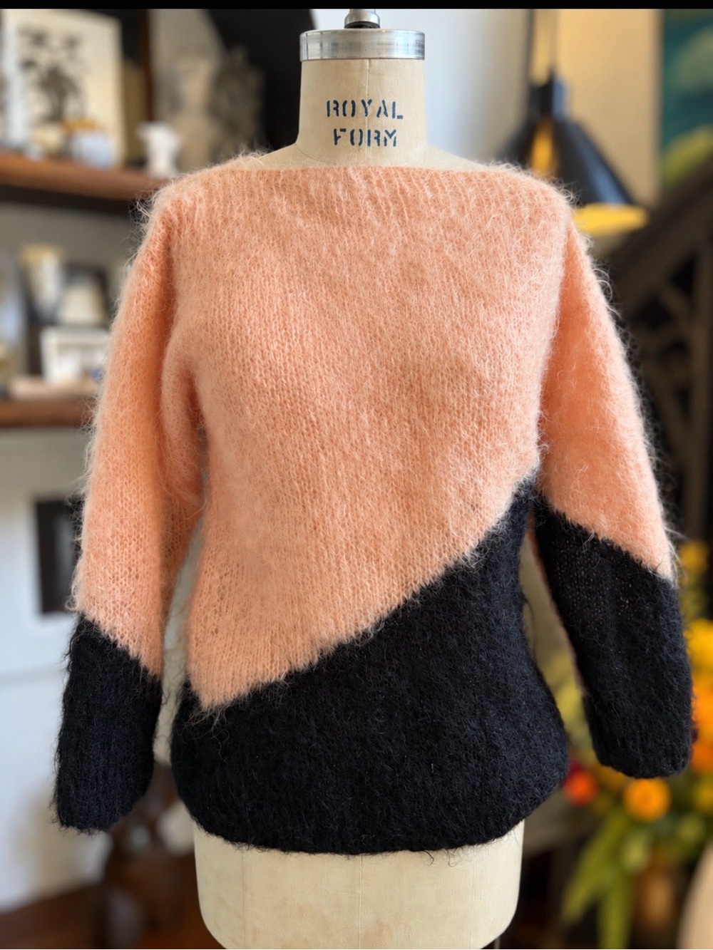 Vintage M.R. Mohair Hand Knit Scotland Sweater Peach Black Colorblock Fuzzy